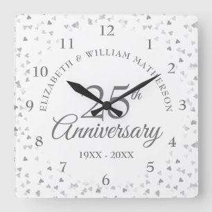 25. Jubiläum Silberherzen Quadratische Wanduhr