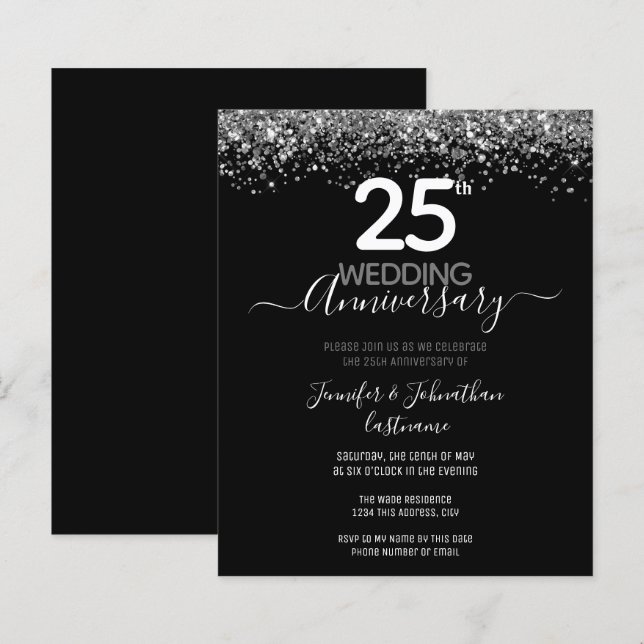25. Jubiläum Silver Glitzer Einladungen (Vorne/Hinten)