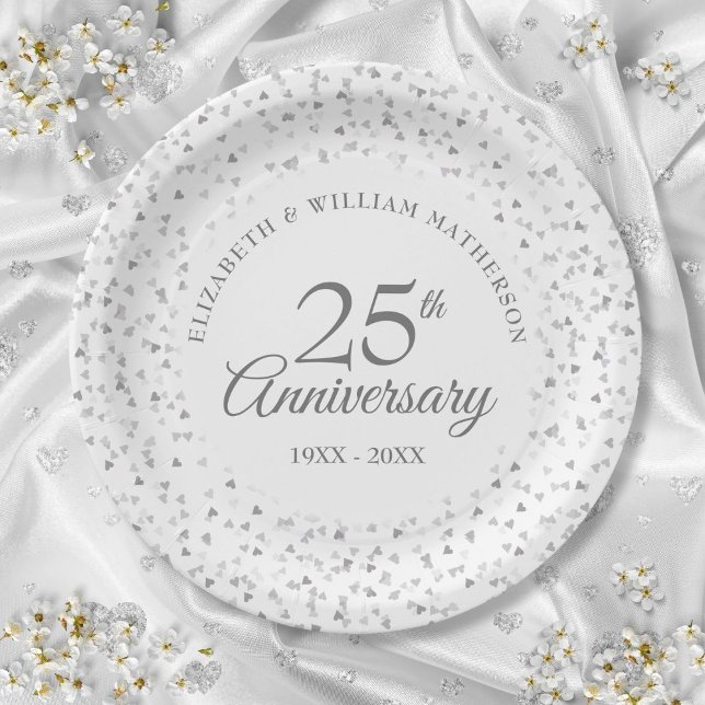 25. Jubiläum Silver Liebe Hört Confetti Pappteller (25th Anniversary Silver Love Hearts Confetti Paper Plates)
