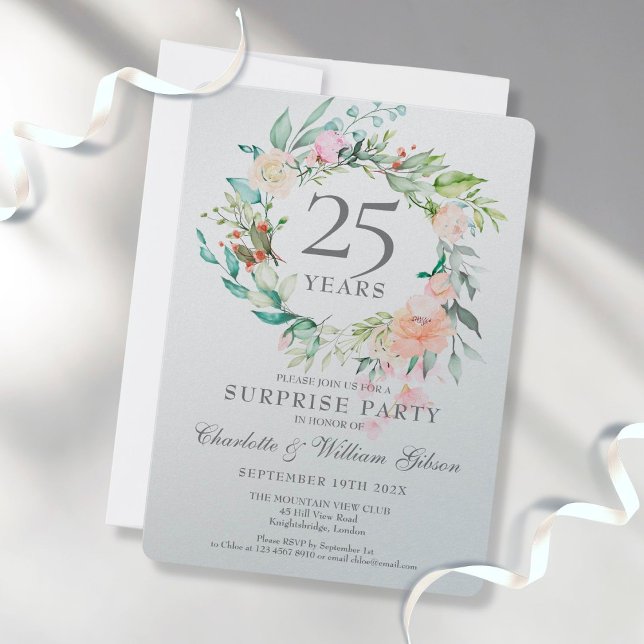 25. Jubiläum Überraschung Party Floral Metallic Einladung (Von Creator hochgeladen)
