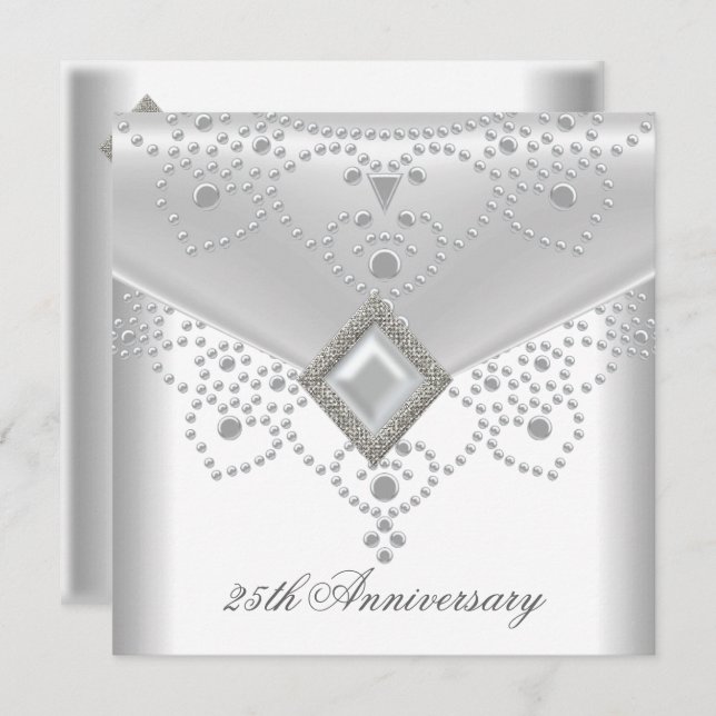 25. Jubiläum Weißes Silber Overlay Pearl Jewel Einladung (Vorne/Hinten)