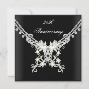 25. Jubiläums-Schwarz-Weiß-Silber-Perlen-Schmuck Einladung