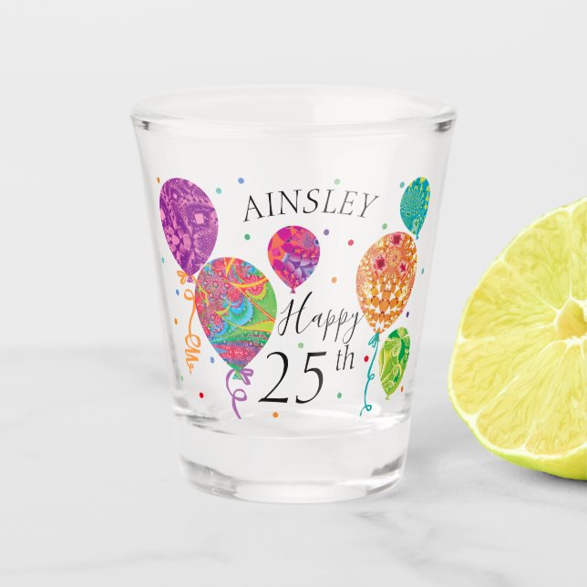 25. Lila Aqua Birthday Balloons Individuelle Name Schnapsglas (Vorderseite)