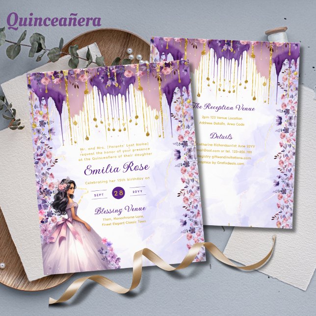 25 Lila Goldsparkle Quinceanera Dress Floral Flyer (Von Creator hochgeladen)