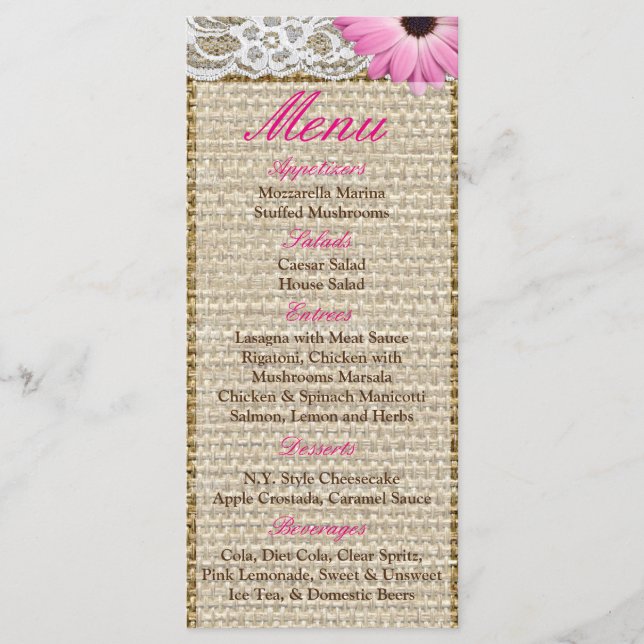25 Menu Cards Burlap Lace Pink Daisy Blume Menükarte (Vorderseite)