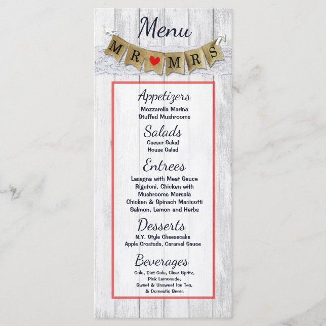 25 Menu Cards Burlap Mr. und Mrs. Banner Menükarte (Vorderseite)