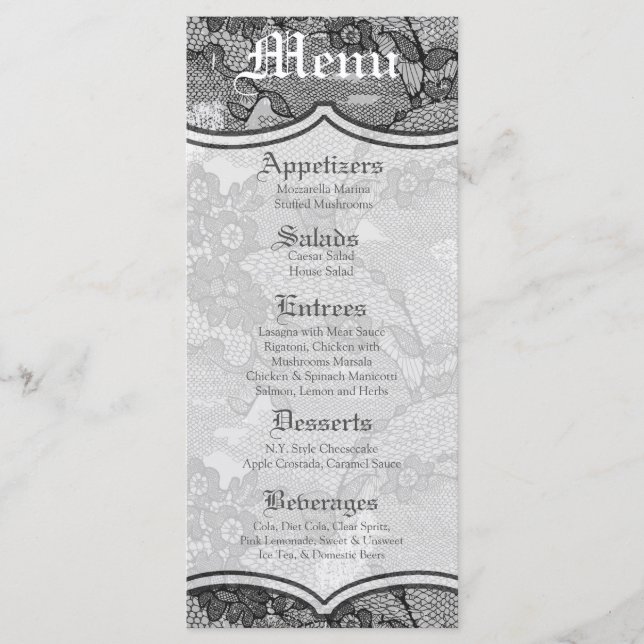 25 Menu Cards Country Black Lace Print Fabric Patt Menükarte (Vorderseite)