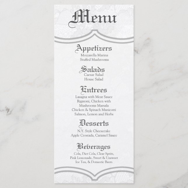 25 Menu Cards Country White Lace Print Fabric Patt Menükarte (Vorderseite)