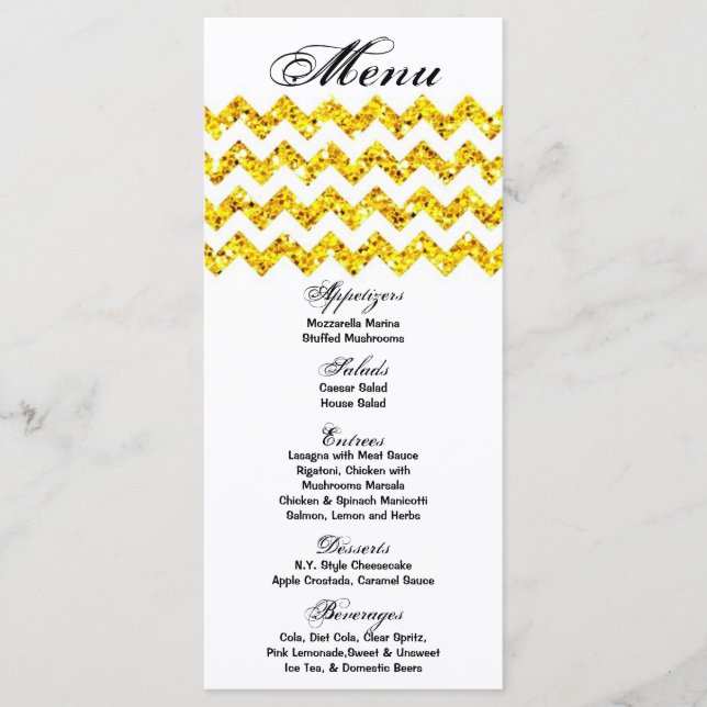 25 Menu Cards Gelber Glitzer Zickzack Zig Zag Prin Menükarte (Vorderseite)