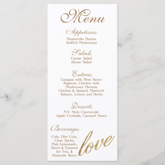 25 Menu Cards Gold Foil Glitzer Liebe Menükarte (Vorderseite)