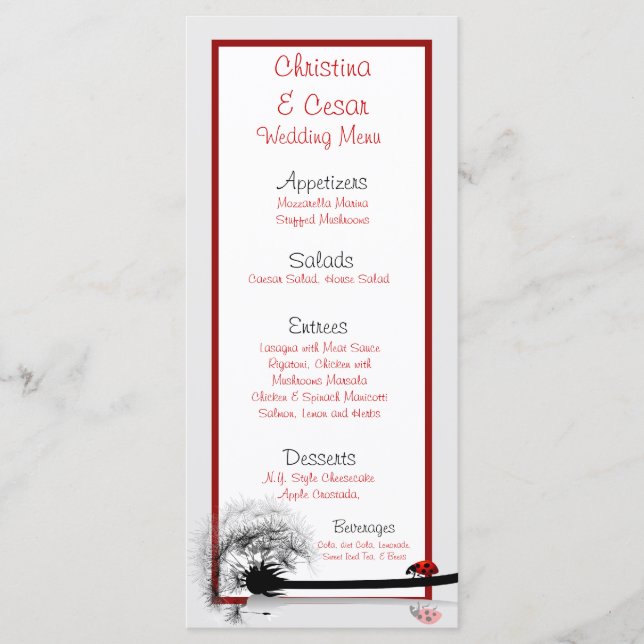 25 Menu Cards Lady Bug on Dandelion Red Silhouette Menükarte (Vorderseite)