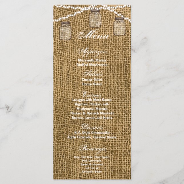 25 Menu Cards Mason Jar String Lights Burlap Potat Menükarte (Vorderseite)