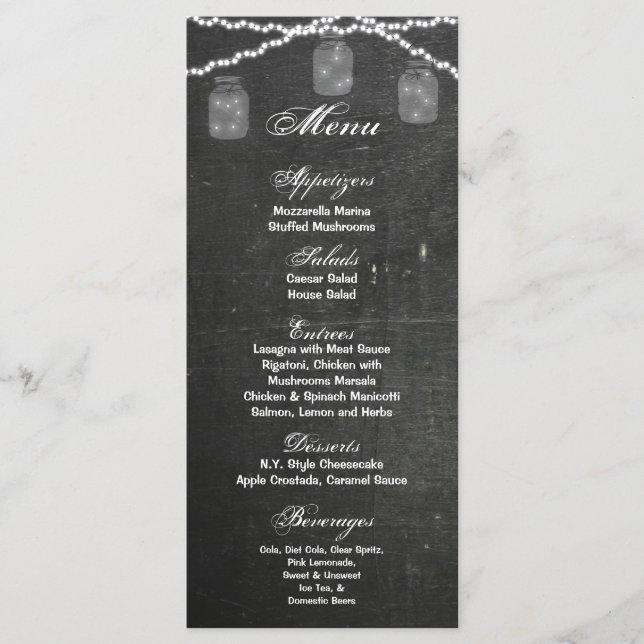 25 Menu Cards Mason Jar String Lights Chalk Board Menükarte (Vorderseite)