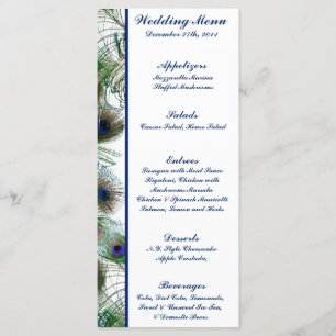 25 Menu Cards Peacock Feathers Blau/Grün elegant Menükarte
