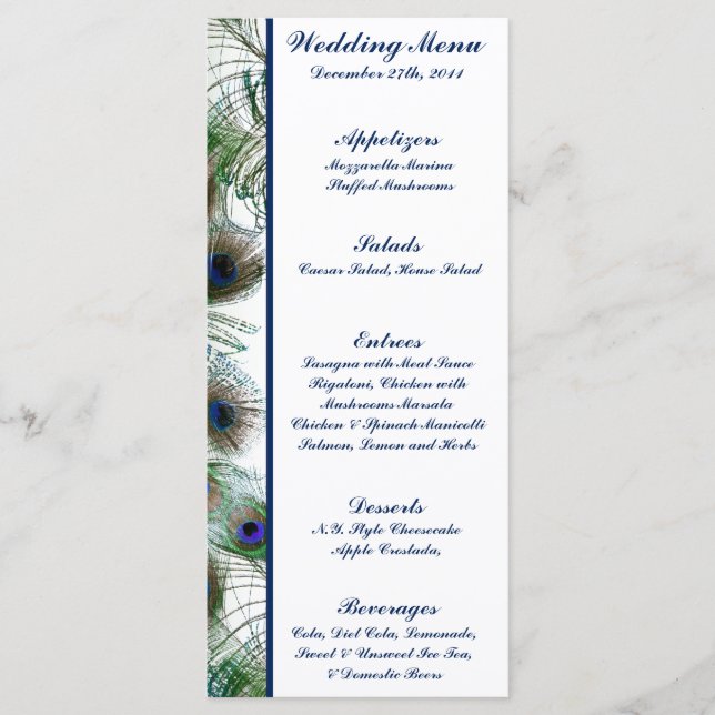 25 Menu Cards Peacock Feathers Blau/Grün elegant Menükarte (Vorderseite)