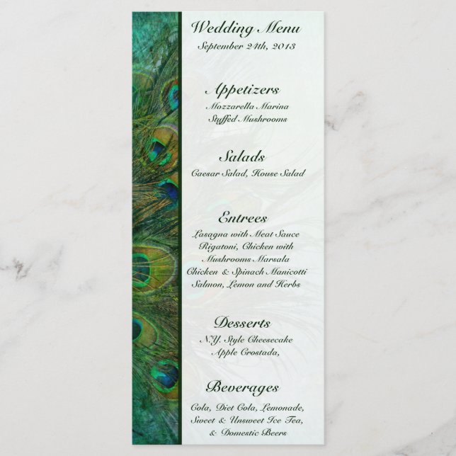 25 Menu Cards Peacock Green Feathers Menükarte (Vorderseite)