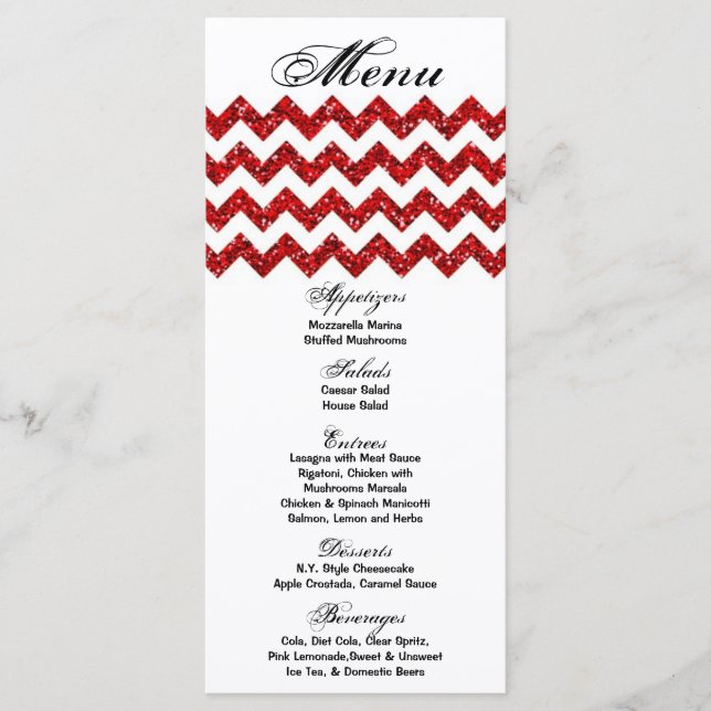 25 Menu Cards Roter Glitzer Zickzack Zig Zag Print Menükarte (Vorderseite)