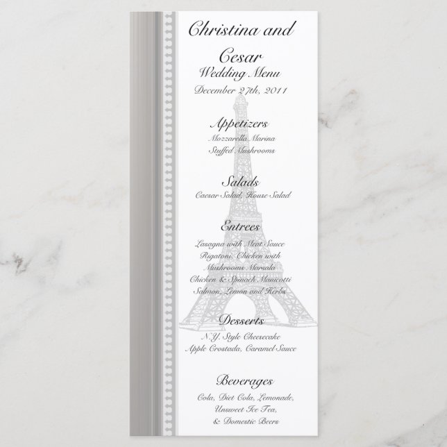 25 Menu Cards Schwarzer Eiffelturm Menükarte (Vorderseite)
