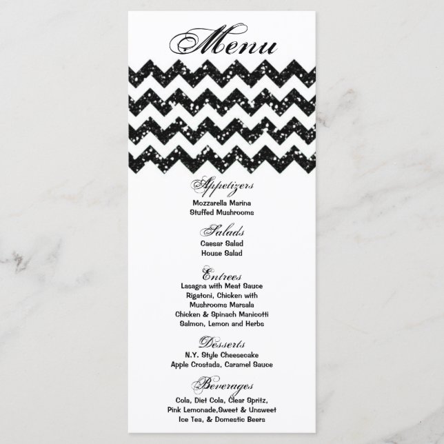25 Menu Cards Schwarzer Glitzer Zickzack Zig Zag P Menükarte (Vorderseite)