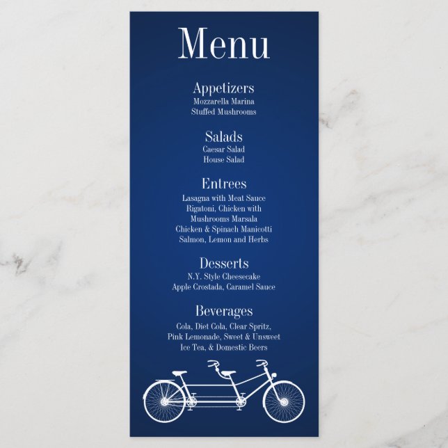 25 Menu Cards Whimsical Navy Blue Double Bike Menükarte (Vorderseite)
