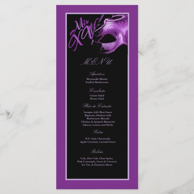 25 Menükarten Mis XV Lila Lilac Black Party (Vorderseite)