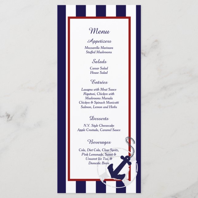 25 Navy Blue Anchor Nautical Wedding Menu Cards Menükarte (Vorderseite)