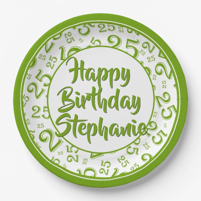 25. Party Random Number Pattern Grün/Weiß Pappteller (Vorderseite)