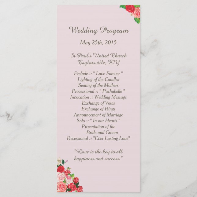 25 Pik- und Rote Rosen Blumenhochzeiten Programm (Vorderseite)