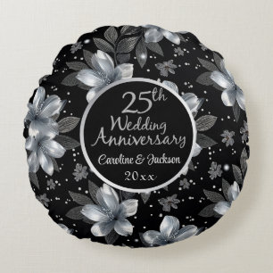 25. Silber-Glitter-Blumen-Hochzeitstag  Rundes Kissen