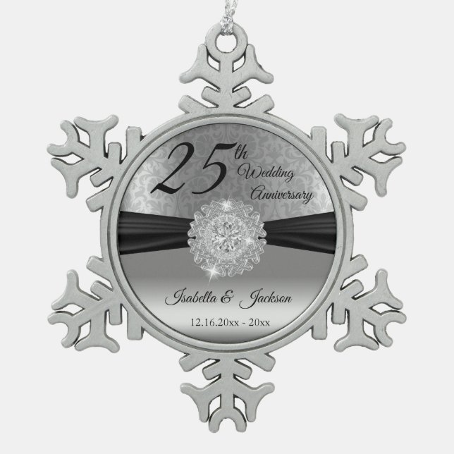 25. Silberhochzeit Schneeflocken Zinn-Ornament (Vorderseite)