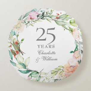 25. silberne Hochzeitsrosen Aquarell-Blumen Rundes Kissen