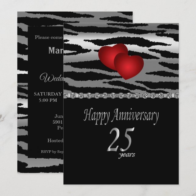 25. Silberner Jahrestag - Zebra Muster - Liebe Einladung (Vorne/Hinten)