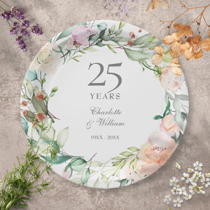 25. silbernes Hochzeitsjubiläum Rosen Florale Bepf Pappteller