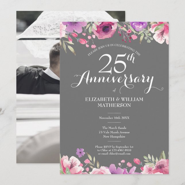 25. Silver Anniversary Wedding Foto Floral Rose Einladung (Vorne/Hinten)