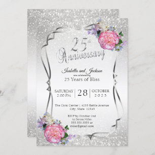 25. Silver Glitzer & Floral Jubiläum Einladung