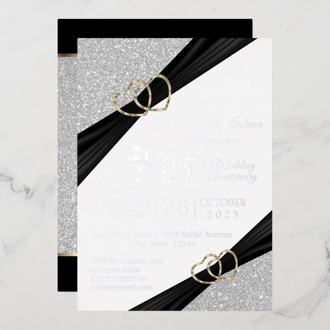 25. Silver Glitzer & Gold Heart Jubiläum Folieneinladung (Vorderseite/Rückseite)