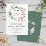 25. Silver Jubiläum Blumengarten Rose Einladung<br><div class="desc">Mit einer zarten Aquarellblütengarage ist diese schicke botanische Einladung zum 25. Hochzeitstag personalisiert mit Ihren speziellen Informationen zum Silberjubiläum. Auf der Rückseite befindet sich eine passende Blumengarage,  in der Sie Ihr Jubiläum in elegantem,  silberfarbenem Text auf waldgrünem Hintergrund abbilden. Entwickelt von Thisisnotme©</div>