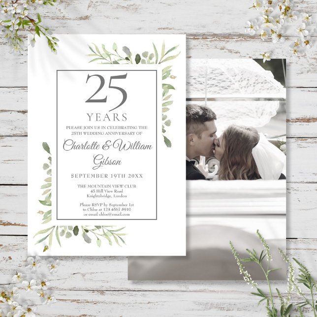 25. Silver Jubiläum Hochzeit Foto Grüne Einladung (25th Silver Anniversary Wedding Photo Greenery Invitation)