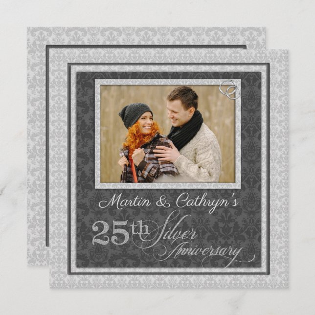25. Silver Jubiläum mit Foto in Damask Einladung (Vorne/Hinten)