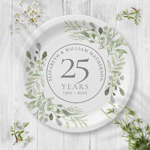 25. Silver Jubiläum Wasserfarbengrün Blumen Pappteller