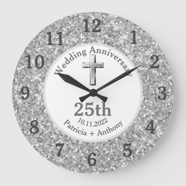 25. Silver Wedding Anniversary Glitzer Religious Große Wanduhr (Vorderseite)