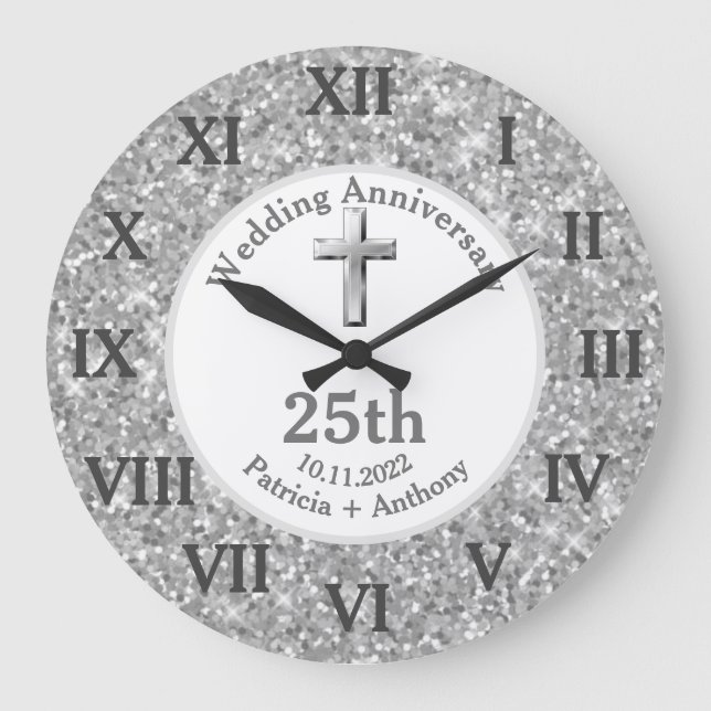 25. Silver Wedding Anniversary Glitzer Religious Große Wanduhr (Vorderseite)
