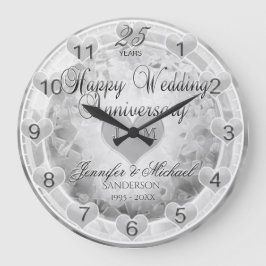25. Silver Wedding Anniversary Hearts Große Wanduhr