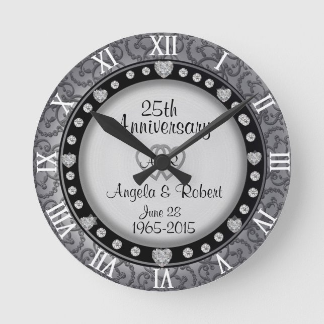 25. Silver Wedding Anniversary Monogram Runde Wanduhr (Vorderseite)