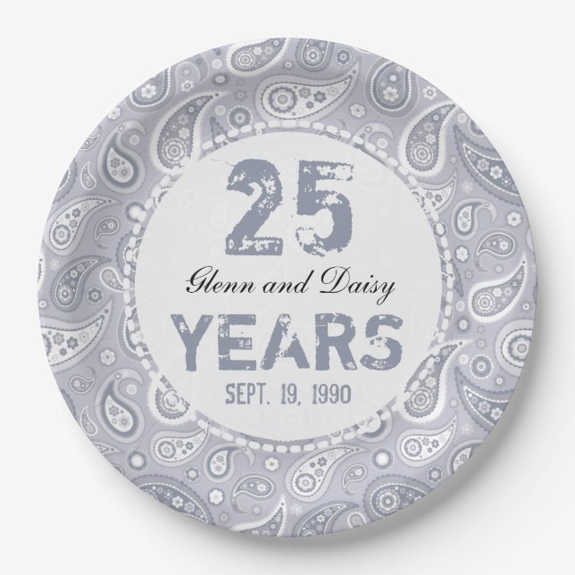 25. Silver Wedding Anniversary Paisley Pattern Pappteller (Vorderseite)