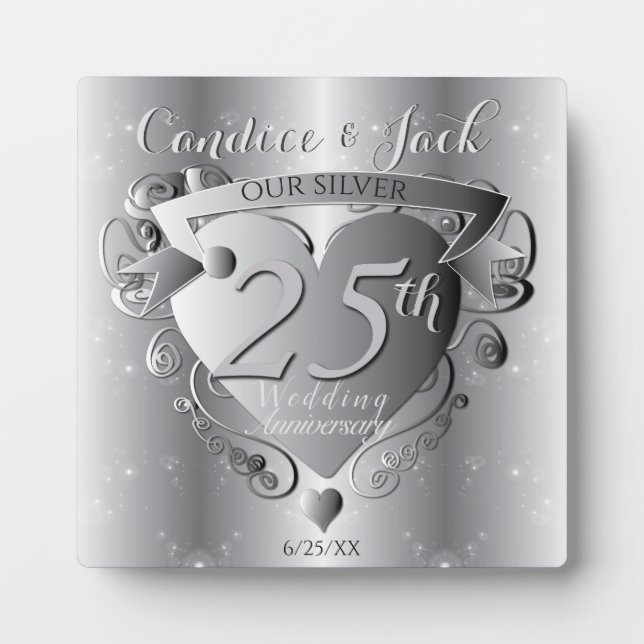 25. Silver Wedding Jubiläum 3D Herz Emblem Fotoplatte (Vorderseite)