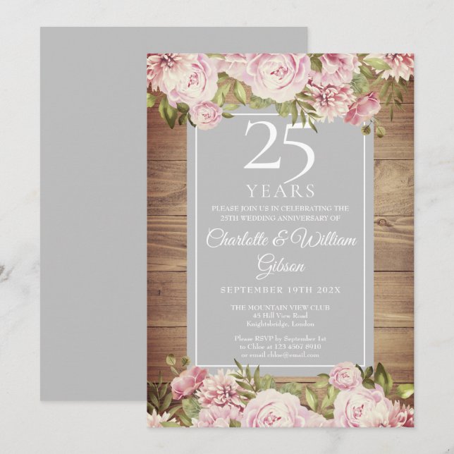25. Silver Wedding Jubiläum Boho Rustische Rose Einladung (Vorne/Hinten)
