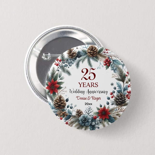 25. Silver Wedding Jubiläum Eleganter Winter Button (Vorne & Hinten)