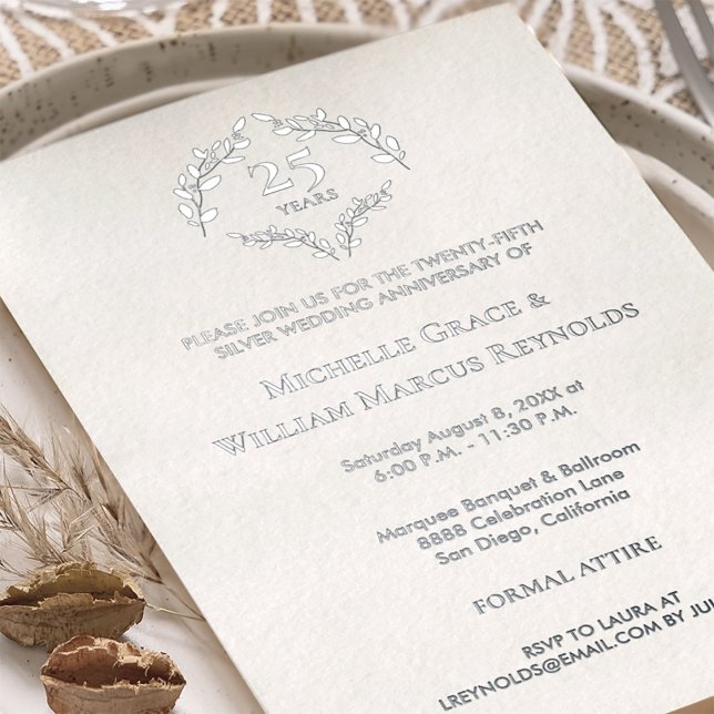25. Silver Wedding Jubiläum Luxe elegant Folieneinladung (Silver 25th wedding anniversary real foil invitation.)