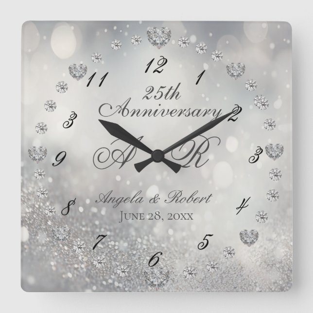 25. Silver Wedding Jubiläum Quadratische Wanduhr (Vorderseite)